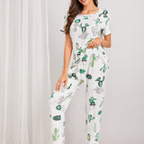 Conjunto de pijama con estampado de cactus con mascara de ojos