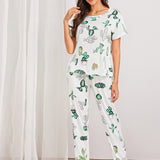 Conjunto de pijama con estampado de cactus con mascara de ojos