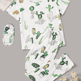 Conjunto de pijama con estampado de cactus con mascara de ojos