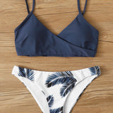 Swim Bikini top con tira ajustable con bragas con estampado de palma