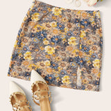 WYWH Falda floral bajo con abertura de cintura elastica