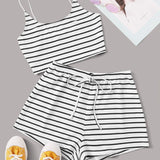 EZwear Conjunto top de tirante corto de rayas con shorts de cintura con cordon