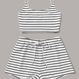 EZwear Conjunto top de tirante corto de rayas con shorts de cintura con cordon