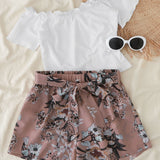 VCAY Conjunto camiseta tejida de canale con shorts floral con cinturon