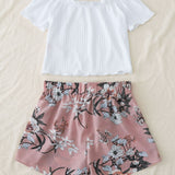 VCAY Conjunto camiseta tejida de canale con shorts floral con cinturon