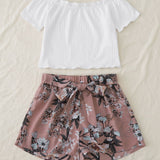 VCAY Conjunto camiseta tejida de canale con shorts floral con cinturon