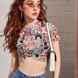 EZwear Top corto de malla con estampado de arte pop ribete en forma de lechuga de cuello alto