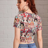 EZwear Top corto de malla con estampado de arte pop ribete en forma de lechuga de cuello alto