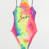 EZwear Body de tirantes de tie dye con estampado de letra