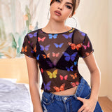 EZwear Top con malla fina con estampado de mariposa ribete en forma de lechuga sin Brasier