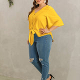 Blusas Etra Grandes Lazo delantero Liso Amarillo Casual