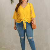 Blusas Etra Grandes Lazo delantero Liso Amarillo Casual