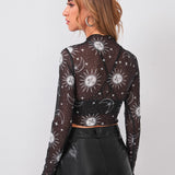 EZwear Top de malla transparente con estampado de galaxia sin Brasier