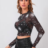 EZwear Top de malla transparente con estampado de galaxia sin Brasier