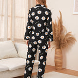 Conjunto de pijama con boton delantero con estampado de girasol