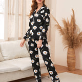 Conjunto de pijama con boton delantero con estampado de girasol