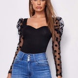 Clasi Top de manga gigot de malla con flocado de lunares de cuello sweetheart