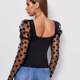 Clasi Top de manga gigot de malla con flocado de lunares de cuello sweetheart