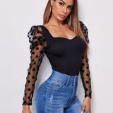 Clasi Top de manga gigot de malla con flocado de lunares de cuello sweetheart