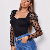 Clasi Top de manga gigot de malla con flocado de lunares de cuello sweetheart