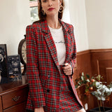 Prive Conjunto blazer de tartan con boton de cuello V con falda