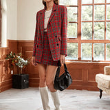 Prive Conjunto blazer de tartan con boton de cuello V con falda