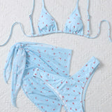 Swim Conjunto de bikini floral Ditsy Sujetador triangular y bottom de corte alto y falda de playa Traje de bano de 3 piezas