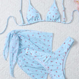 Swim Conjunto de bikini floral Ditsy Sujetador triangular y bottom de corte alto y falda de playa Traje de bano de 3 piezas