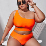 Swim Curve Conjunto de bikini de talla grande con parte superior de un hombro recortada y bottom de talle alto, traje de bano de 2 piezas