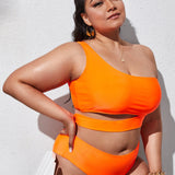 Swim Curve Conjunto de bikini de talla grande con parte superior de un hombro recortada y bottom de talle alto, traje de bano de 2 piezas