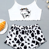 Conjunto De Pijama Cami Con Ribete De Lechuga Y Estampado De Vaca