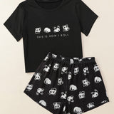 Conjunto De Pijama Con Graficos De Panda Y Eslogan Con Dibujos Animados