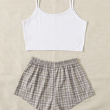 Conjunto de pijama top de tirantes corto con shorts de tartan