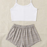 Conjunto de pijama top de tirantes corto con shorts de tartan