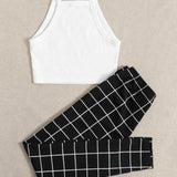 Essnce Conjunto top de tirantes corto con leggings de cuadros