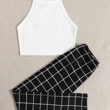 Essnce Conjunto top de tirantes corto con leggings de cuadros