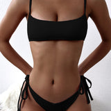 Swim Conjunto de bikini acanalado Tirante ajustable Top de tirantes y bottom de tanga con lazo lateral Traje de bano de 2 piezas
