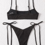 Swim Conjunto de bikini acanalado Tirante ajustable Top de tirantes y bottom de tanga con lazo lateral Traje de bano de 2 piezas