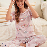 Conjunto de pijama con estampado de slogan y de dibujos animados con cubierta de ojos