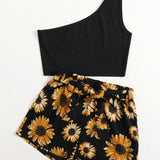 WYWH Conjunto top de un hombro con shorts floral con cinturon