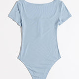 EZwear Bodysuit Solido De Cuello Redondo Con Media Tapeta De Gancho Y Ojo