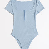 EZwear Bodysuit Solido De Cuello Redondo Con Media Tapeta De Gancho Y Ojo