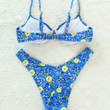 Swim Conjunto de bikini floral Sujetador con aros con volantes y bottom de corte alto Traje de bano de 2 piezas