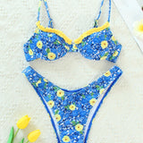 Swim Conjunto de bikini floral Sujetador con aros con volantes y bottom de corte alto Traje de bano de 2 piezas