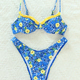 Swim Conjunto de bikini floral Sujetador con aros con volantes y bottom de corte alto Traje de bano de 2 piezas