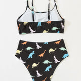 Swim Conjunto de bikini con estampado de dinosaurio aleatorio Sujetador sin aros y bottom de bikini de talle alto Traje de bano de 2 piezas