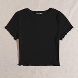 EZwear Camiseta tejida de canale ribete en forma de lechuga unicolor