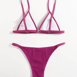 Swim Conjunto de bikini texturizado Sujetador triangular con ribete en contraste y tanga Traje de bano de 2 piezas