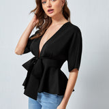 Prive Top peplum de cintura con cordon de cuello profundo