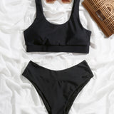 Swim Conjunto de bikini unicolor Camiseta sin mangas y bottom de corte alto Traje de bano de 2 piezas